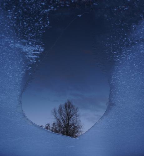 Ein zugefrorener See bis auf kleine Fläche, dahin erkennt man ein Spiegelbild von einer Baumkrone.