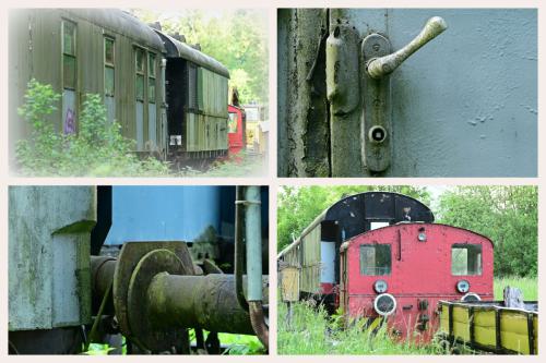ein Collage-Bild mit vier Fotos. Sie zeigen alte Schienenfahrzeuge. 